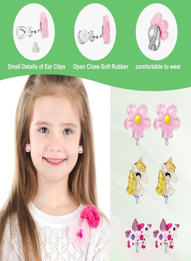 Wingchold 6Pairs Unicorn Flower Clip On Earrings for Little Girls, Toddler Butterfly Clip On Jewelry Rainbow Earrings Kids Dress Up Jewelry - Image 5